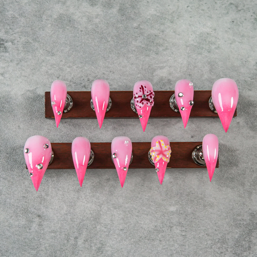 Artistic Stiletto Press-On Nails with Floral and Gem Accents