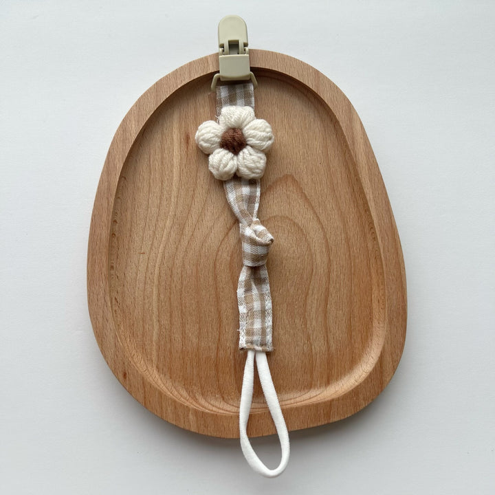 Pacifier and Teether Clip with Wooden Safety Clip and Crochet Flower