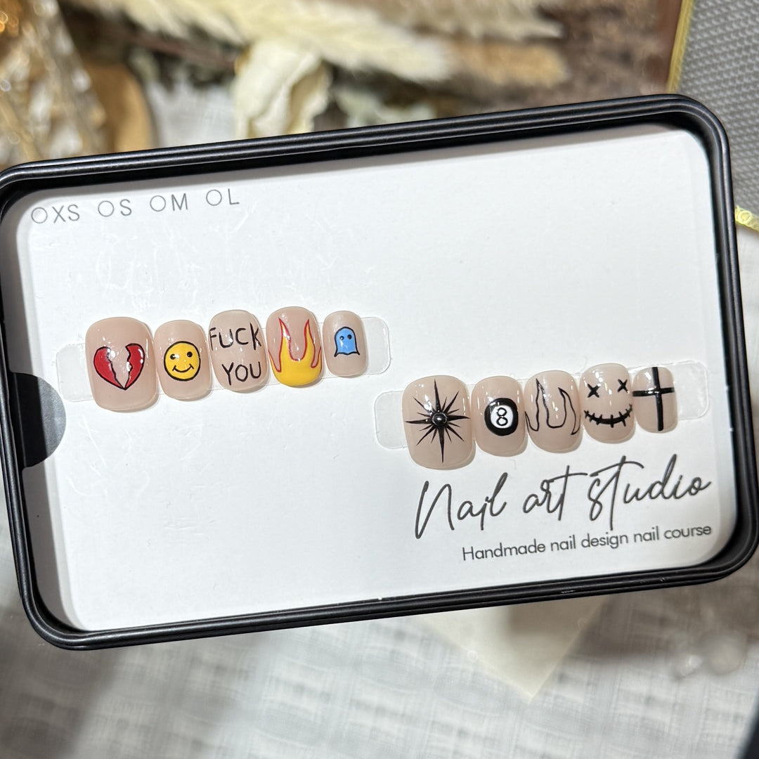 Artistic Press-On Nail Set with Unique Graphic Designs Stornfield