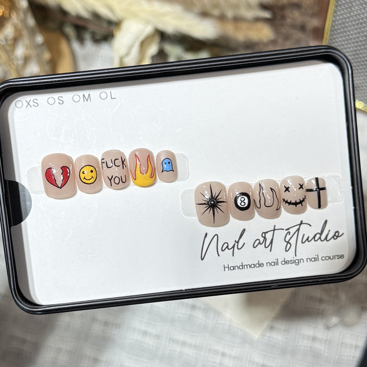 Artistic Press-On Nail Set with Unique Graphic Designs Stornfield
