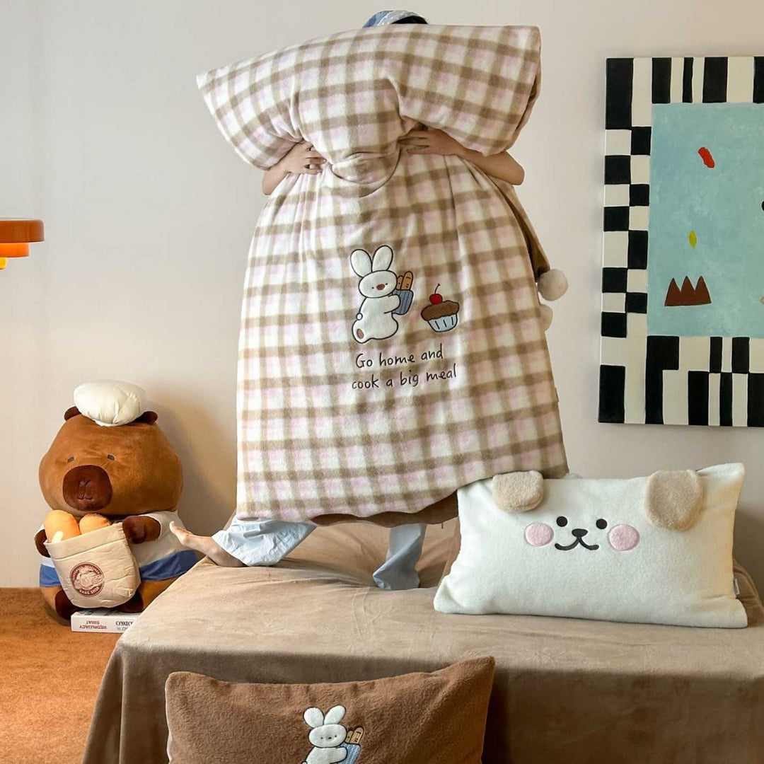 Plaid Plush Reversible Bedspread Set with Teddy Appliqué & Pom-Pom Corners