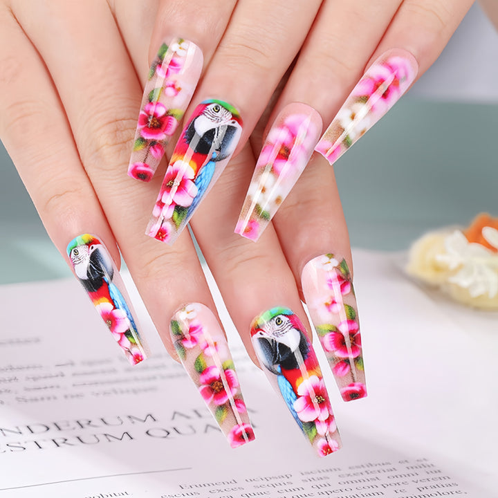 Exquisite Artificial Nails with Colorful Flower and Parrot Design Stornfield