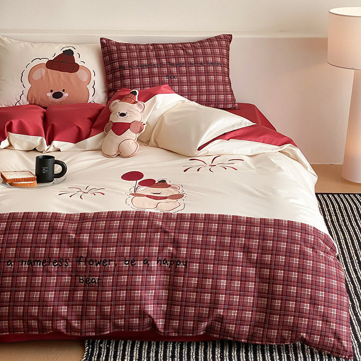 Children's bedding set made of cotton satin with a cute bear print, reversible function & quilted pillowcase