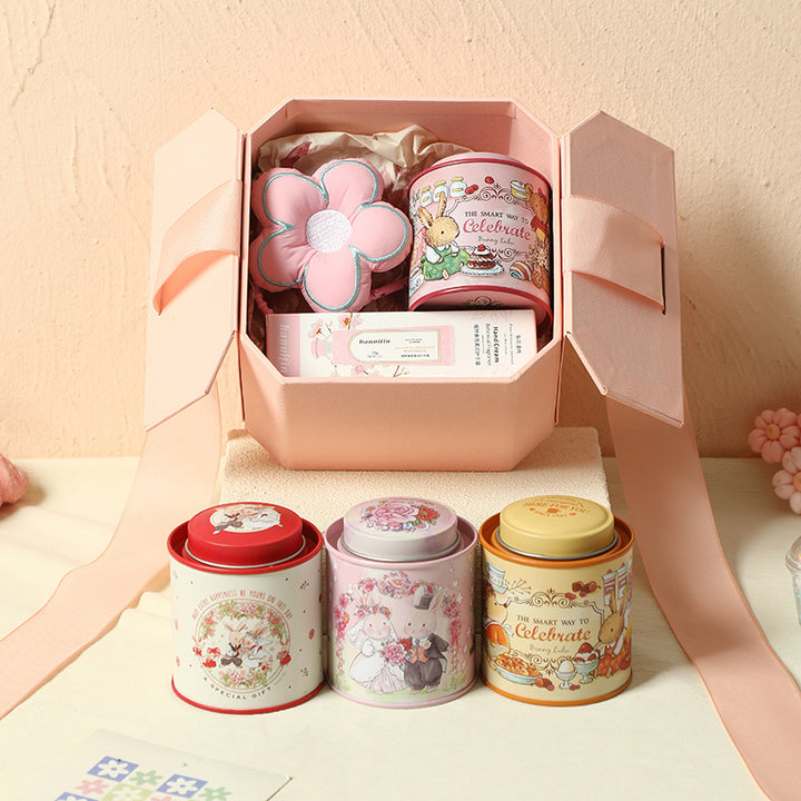 Decorative Tin Storage Canister with Illustrated Wedding Bunny Couple