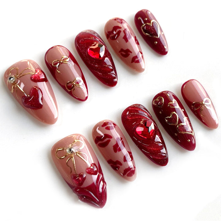 Decorative Press-On Nail Art Set with Heart and Gold Accents Stornfield