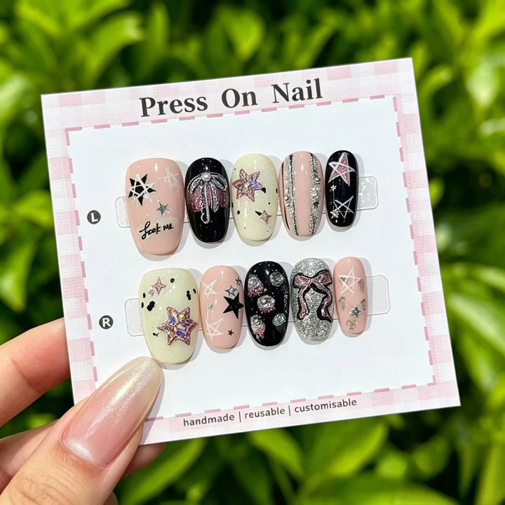 Decorative Press-On Nail Set with Gem Accents  1791774365