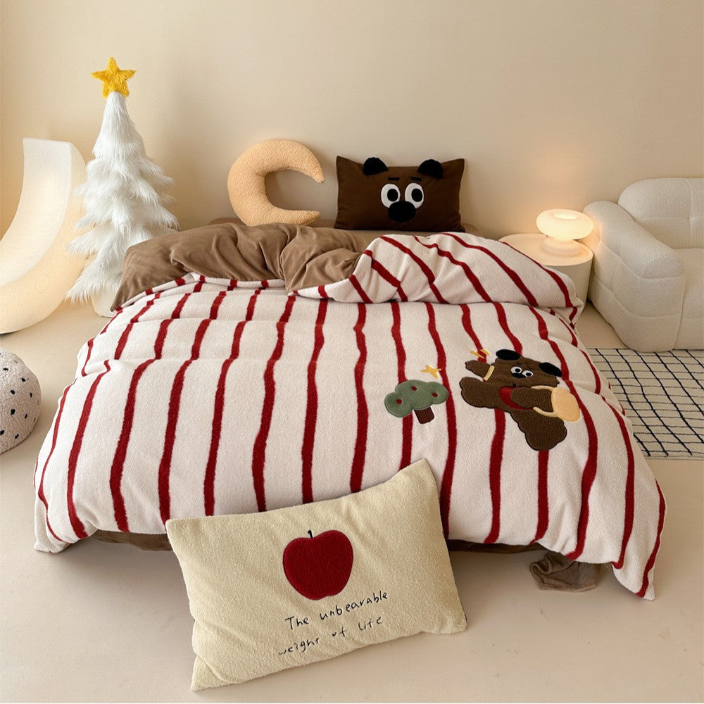 Plush Reversible Striped Duvet Cover Set with Embroidered Cartoon Appliqué