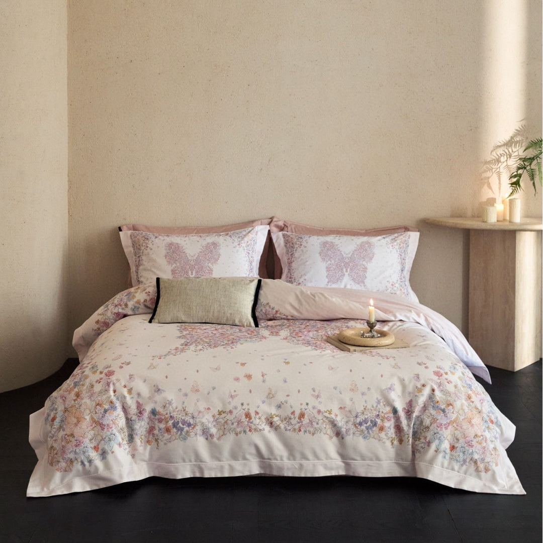 Butterfly Floral Reversible Cotton Sateen Duvet Cover Set with Pillow Shams