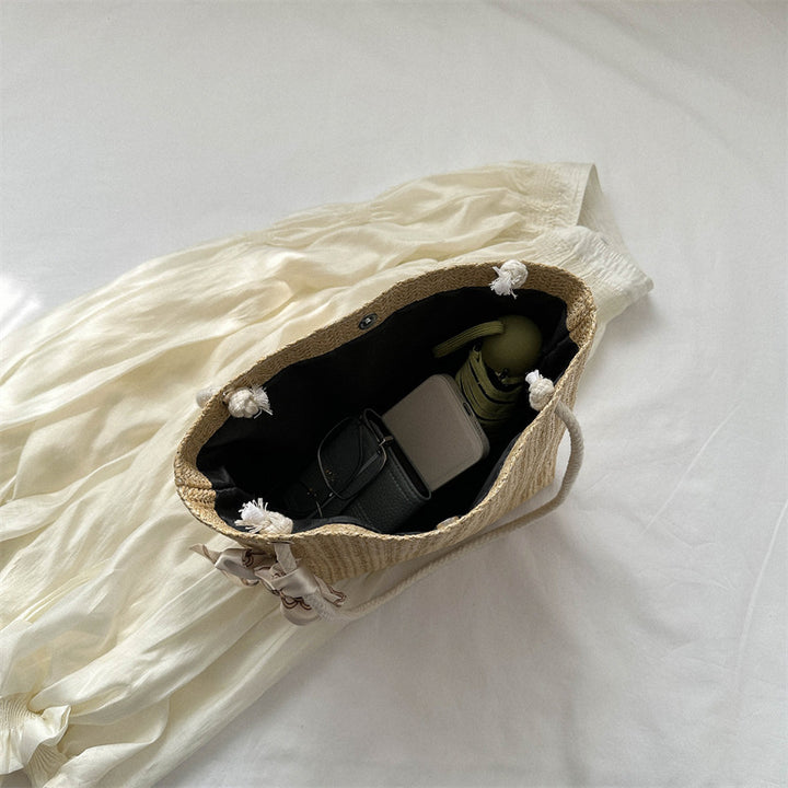 Woven Straw Tote Bag with Decorative Scarf