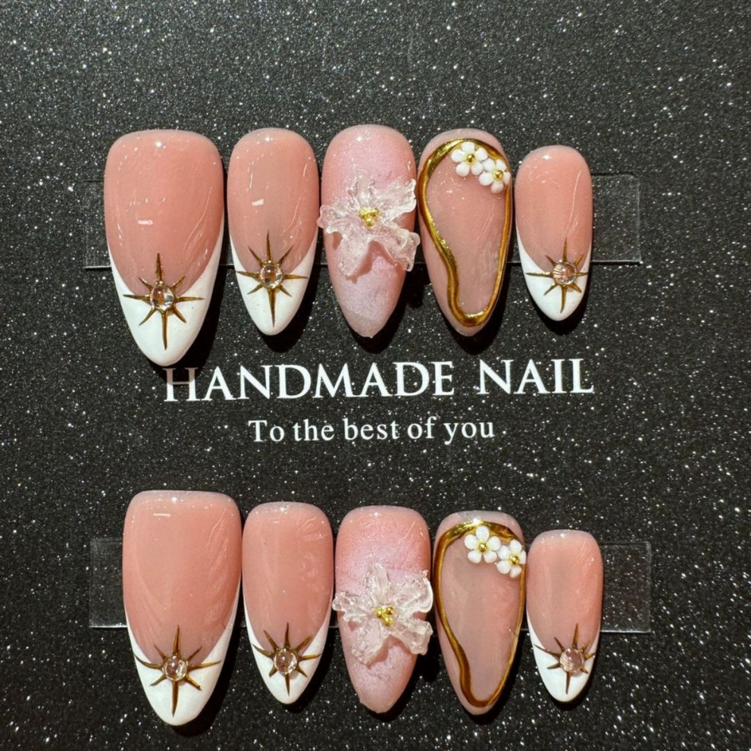 Handmade Floral Press-On Nail Art Set with Elegant Design