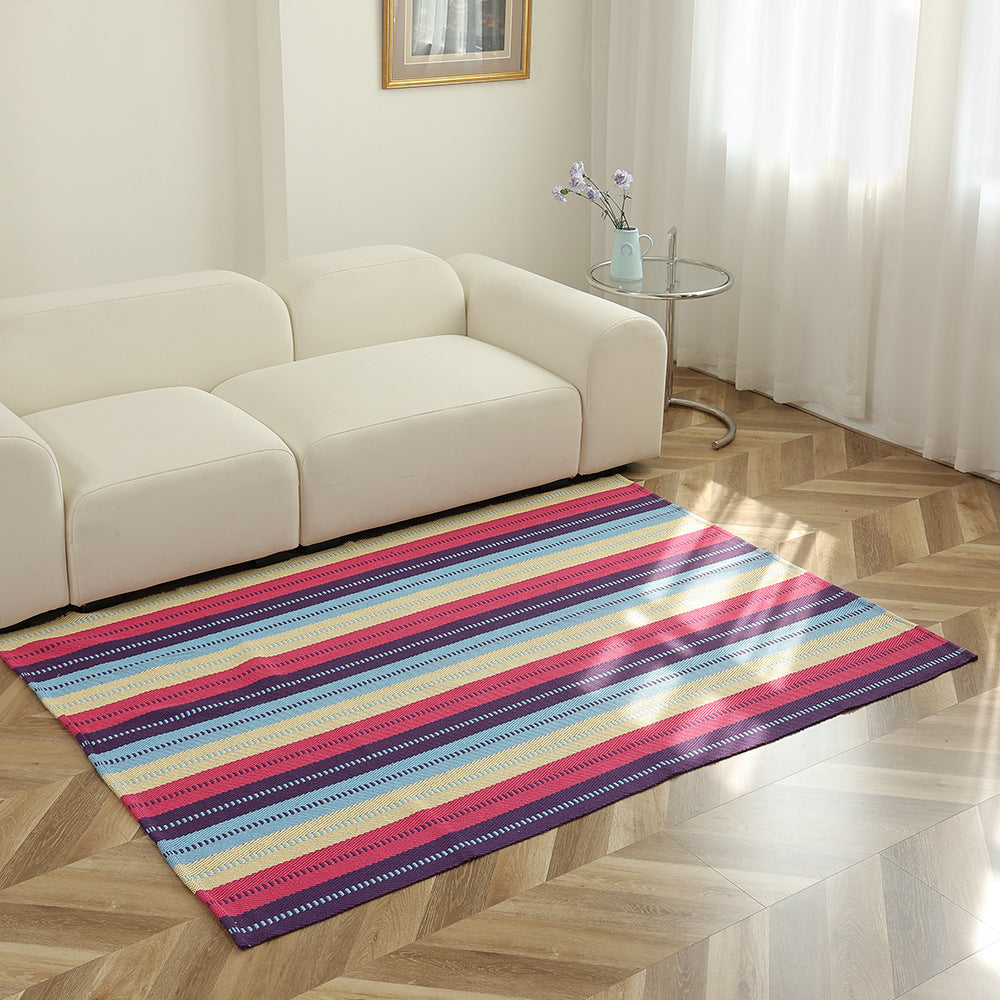 Flat-woven striped living room rug with low pile and non-slip backing