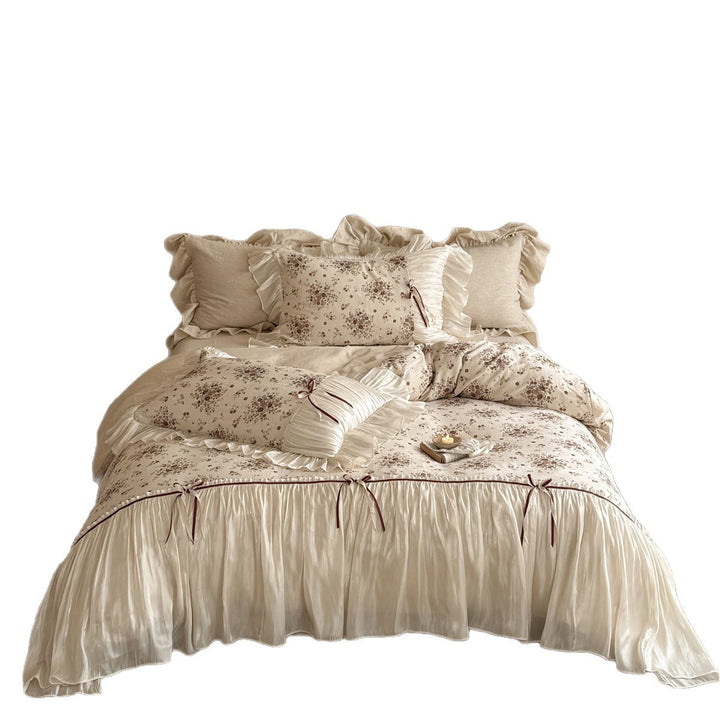 Floral Ruffled Satin-Trim Duvet Cover Bedding Set with Decorative Ribbon Bows