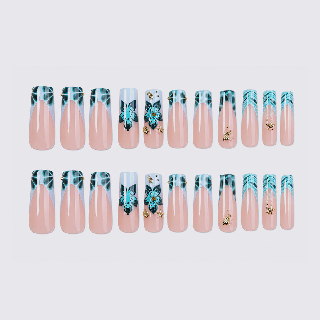 Artistic Acrylic Press-On Nail Set with Floral and Gold Elements Stornfield