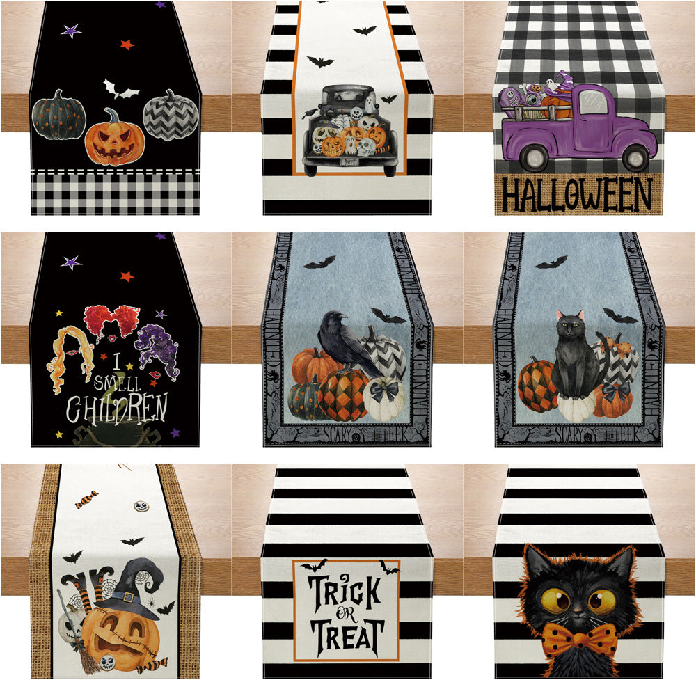 Halloween Cotton-Linen Table Runner with Sitting Cat and Pumpkin Illustration Decorative Border