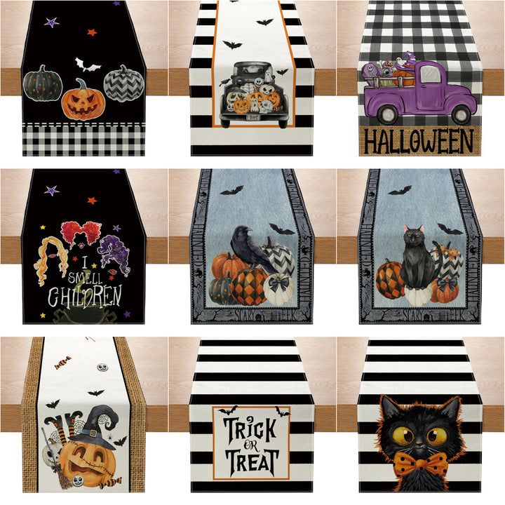 Halloween Cotton-Linen Table Runner with Sitting Cat and Pumpkin Illustration Decorative Border