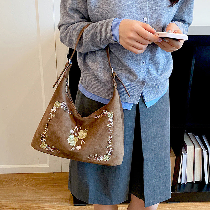 Embroidered Suede Hobo Handbag