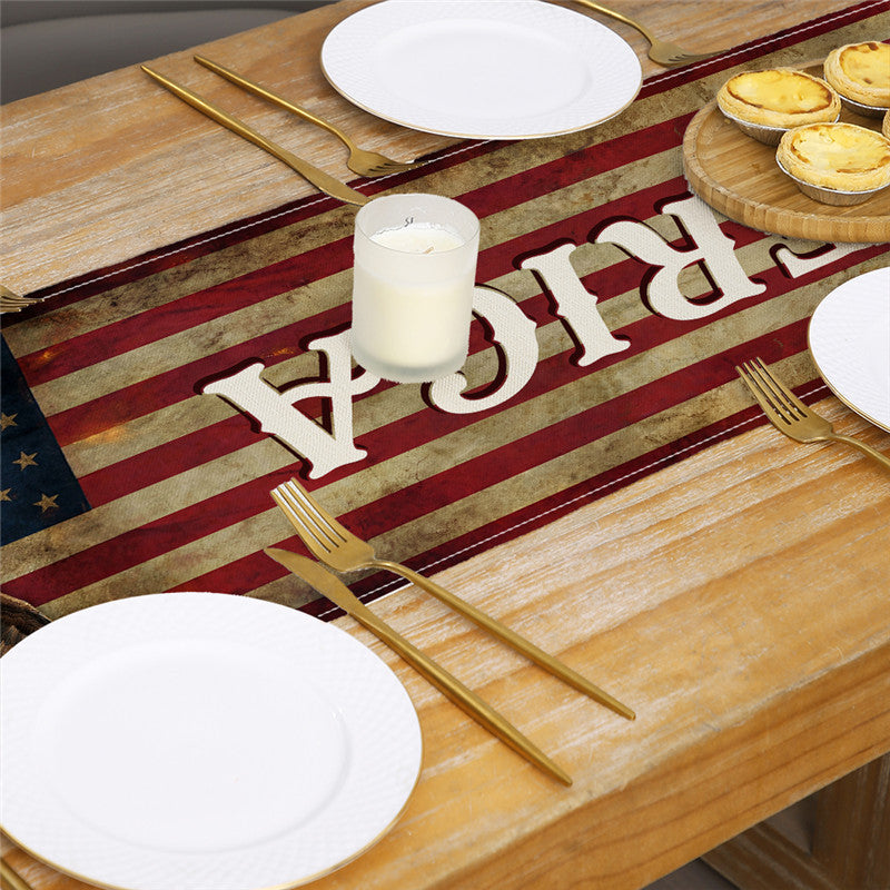 Patriotic Cotton-Linen Table Runner with Statue of Liberty and American Flag Print