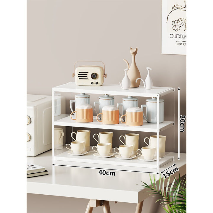 Multi-Level Bamboo-Style Countertop Kitchen Mug and Canister Organizer Shelf with Open Wood Shelves and Slim Metal Frame
