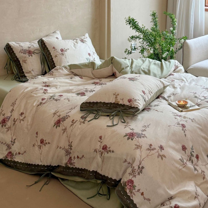 Floral Cotton-Linen Duvet Cover Set with Lace Trim and Ties