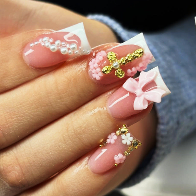 Decorative Press-On Nail Set with Bow and Floral Accents Stornfield