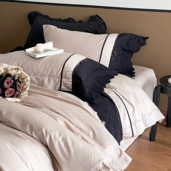 Embroidered Cotton Sateen Duvet Cover Set with Pleated Trim