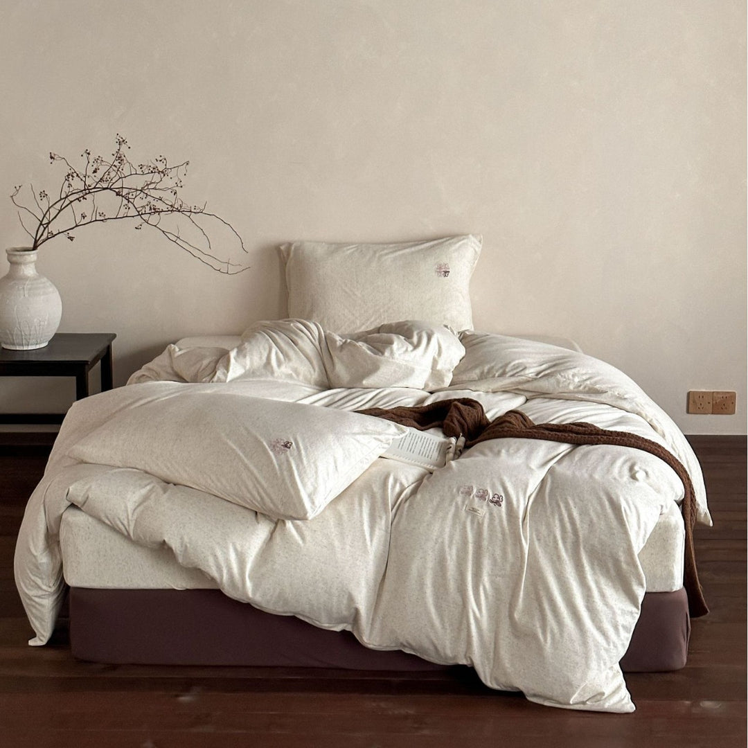 Washed Cotton Slub Duvet Cover Set with Mini Embroidered Accents