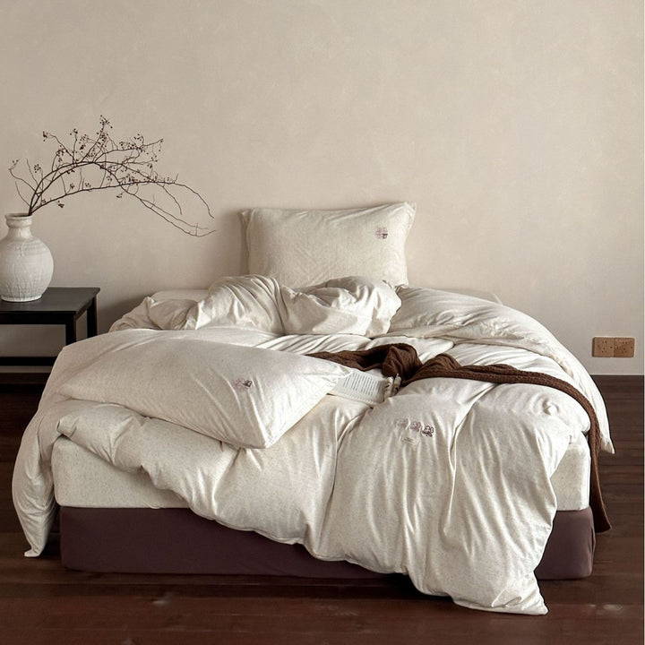 Washed Cotton Slub Duvet Cover Set with Mini Embroidered Accents