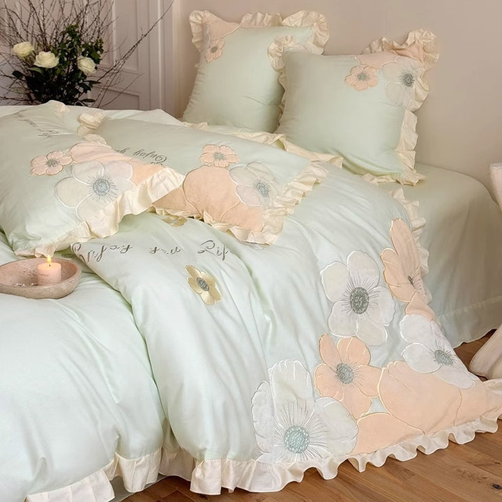 Floral Appliqué Ruffled Cotton Sateen Duvet Cover Set with Decorative Pillow Shams