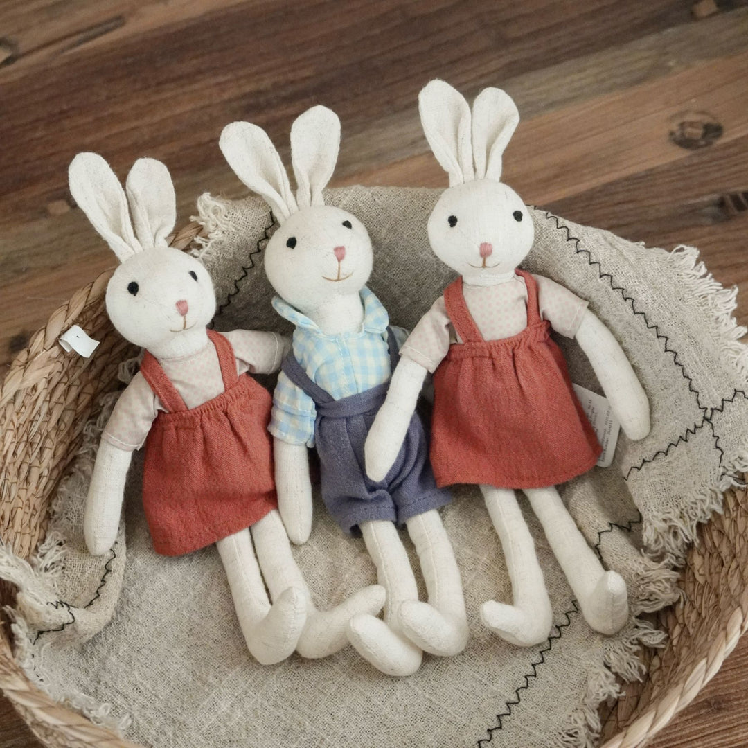 Handcrafted Floppy-Eared Linen Bunny Doll with Embroidered Face and Check Overalls