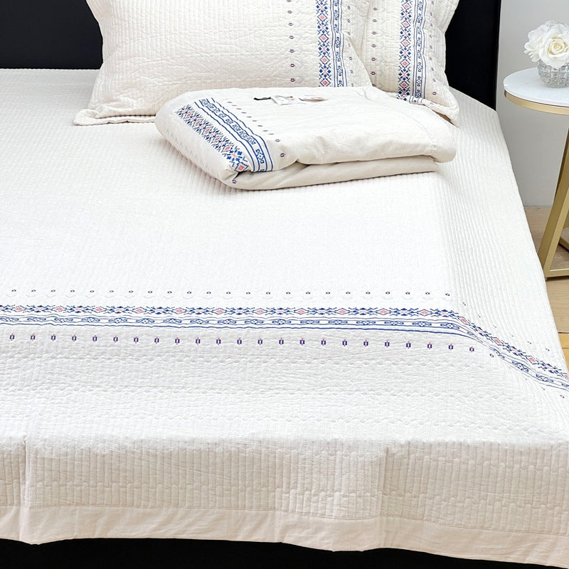 Embroidered Quilted Cotton Coverlet Set with Pillow Shams and Geometric Border