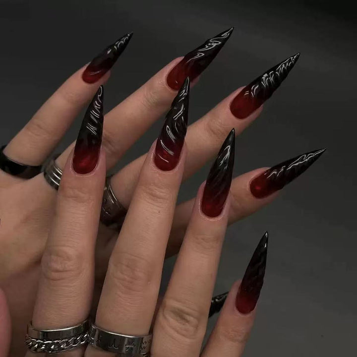 Acrylic Nail Set with Elegant Tips and Black-Red Gradient Color Stornfield