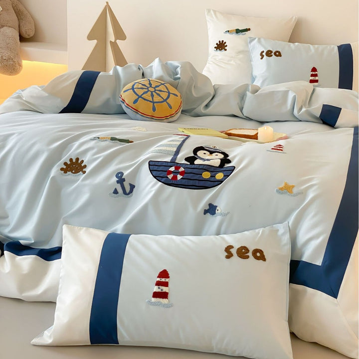 Children's Nautical Embroidered Cotton Duvet Cover Set with Pillowcases