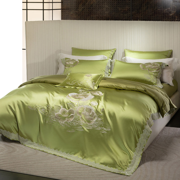 Satin Embroidered Floral Duvet Cover Set with Lace-Edged Pillow Shams
