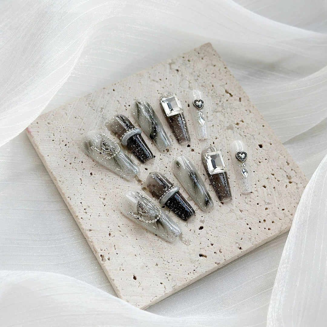 Decorative Press-On Nail Art Set with Gem and Velvet Accents