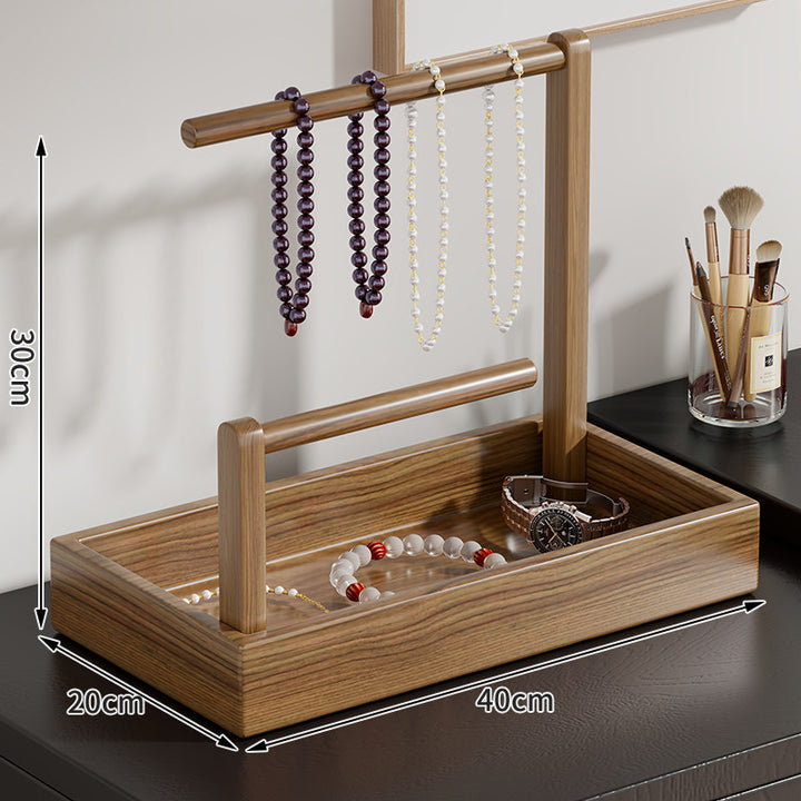 Wooden Jewelry Organizer with Dual Hanging Rails and Deep Storage Tray