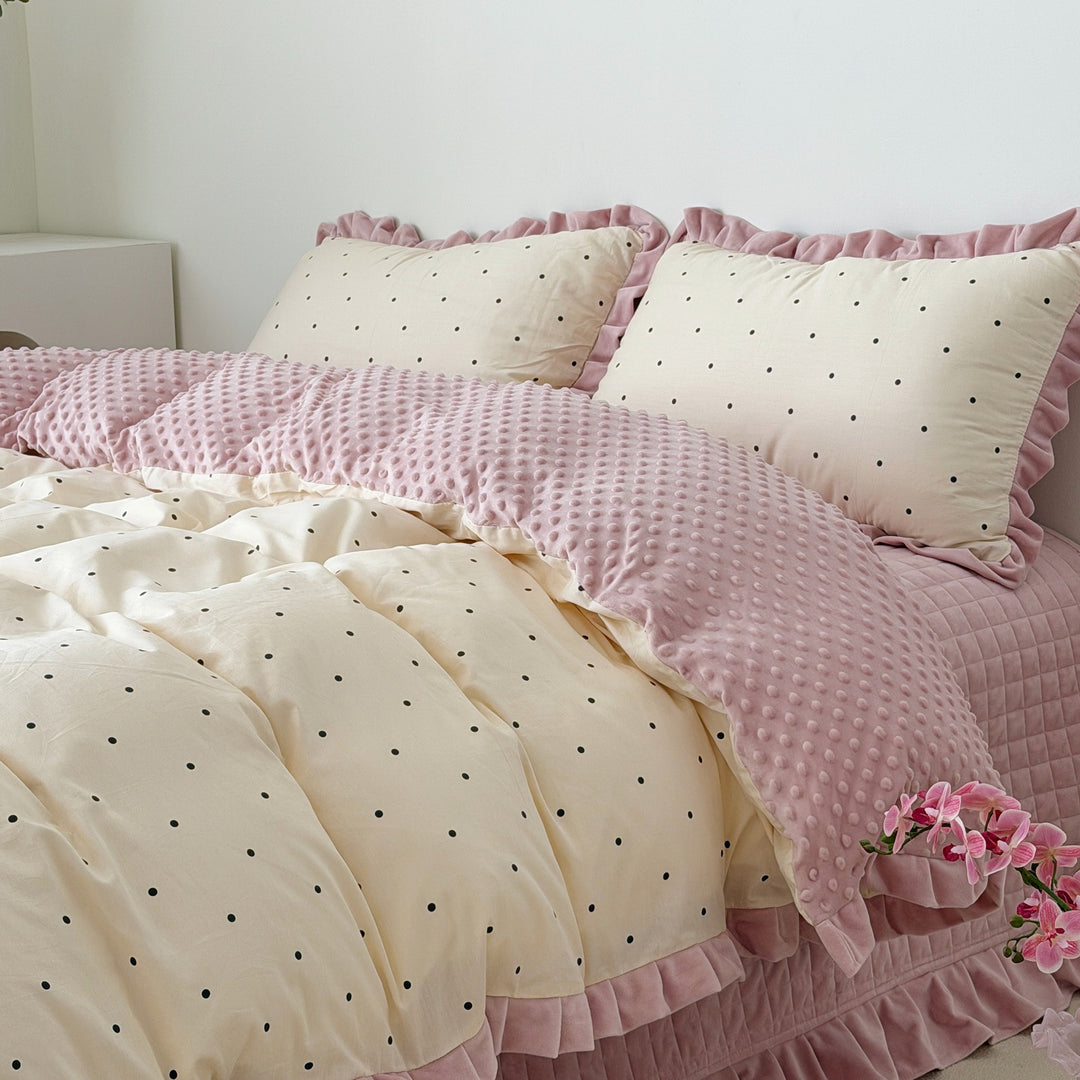 Floral Cotton Duvet Cover Set with Velvet-Trimmed Ruffled Shams and Plush Minky Throw