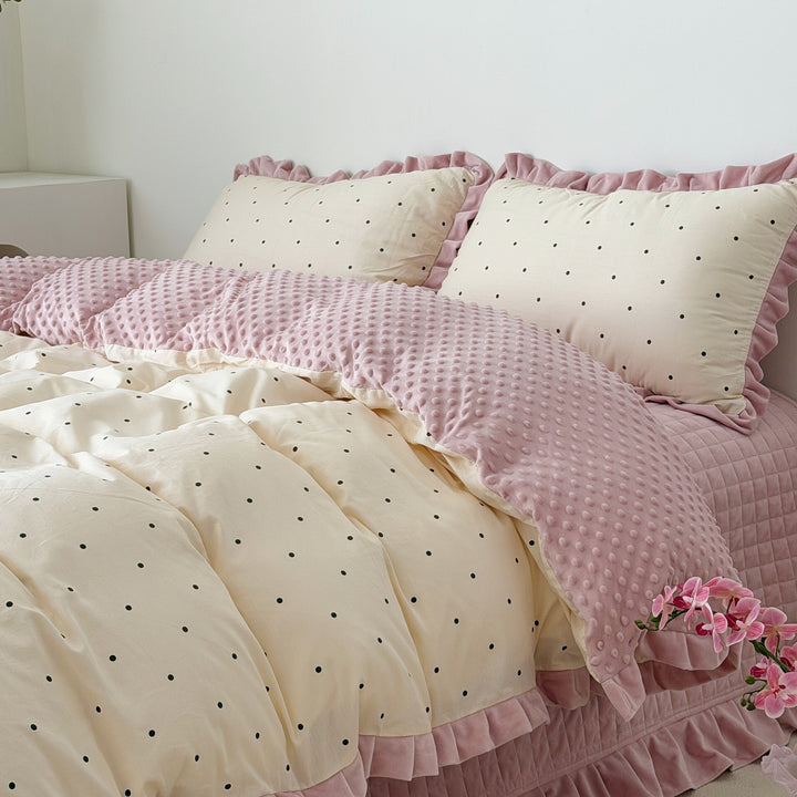 Floral Cotton Duvet Cover Set with Velvet-Trimmed Ruffled Shams and Plush Minky Throw
