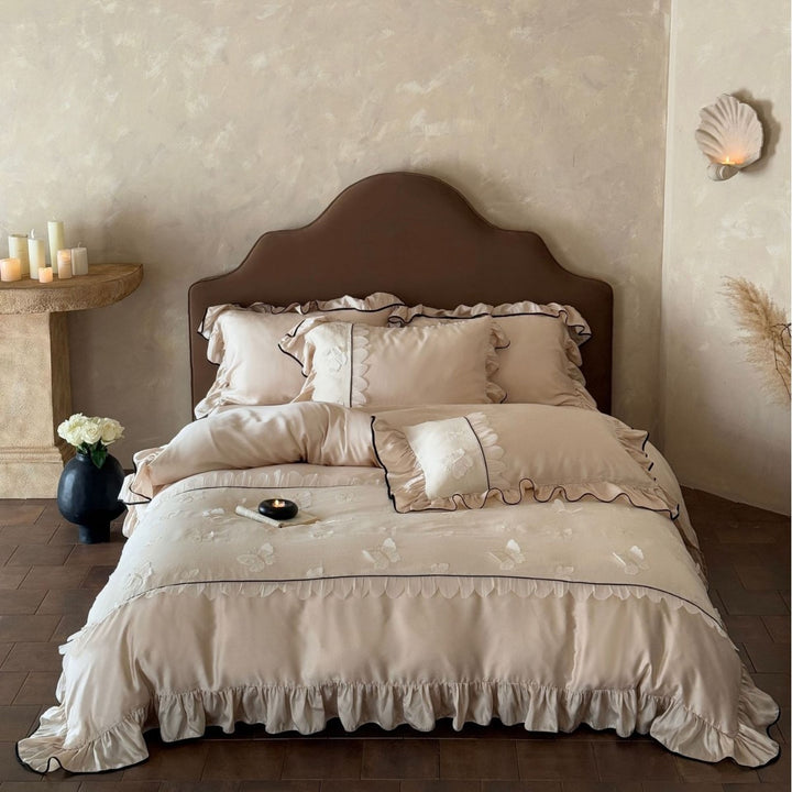 Luxurious Ruffled Bedding Set with Embroidered Butterflies