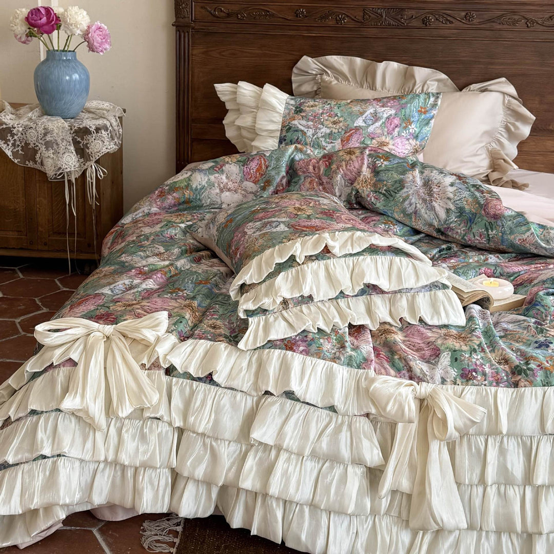 Luxurious bedding set with ruffles, bed skirt, and floral print