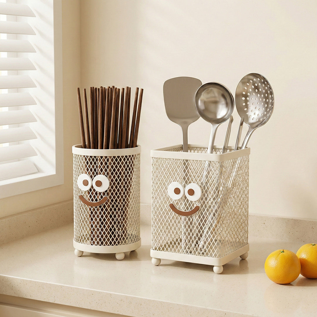 Decorative Mesh Smiley Kitchen Utensil & Chopstick Organizer Set with Non-Slip Feet