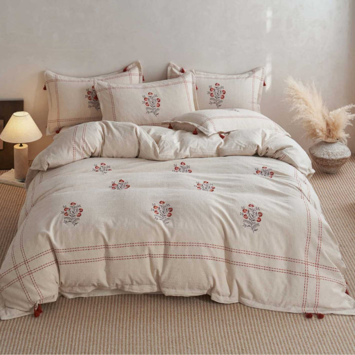 Embroidered Floral Cotton-Linen Duvet Cover Set with Tassel Corners and Decorative Pillow Shams