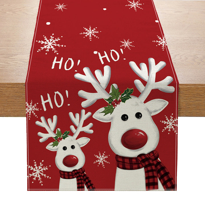 Linen-Texture Cotton-Blend Christmas Table Runner with Burlap Trim and Winter Tree Illustration
