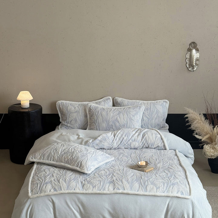 Quilted Embossed Velvet Floral Bedspread Set with Faux-Sherpa Trim
