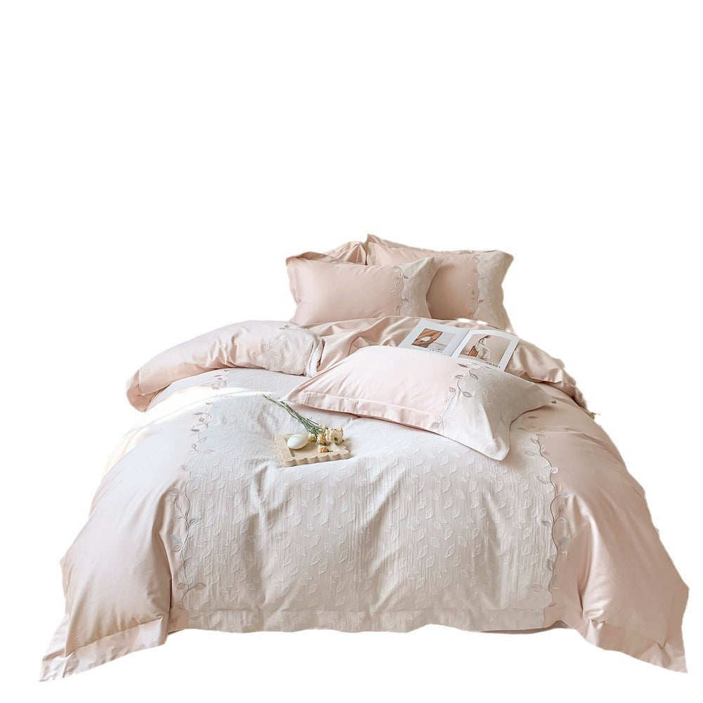 Reversible Embroidered Cotton-Sateen Duvet Cover Set with Leaf Jacquard and Oxford Shams