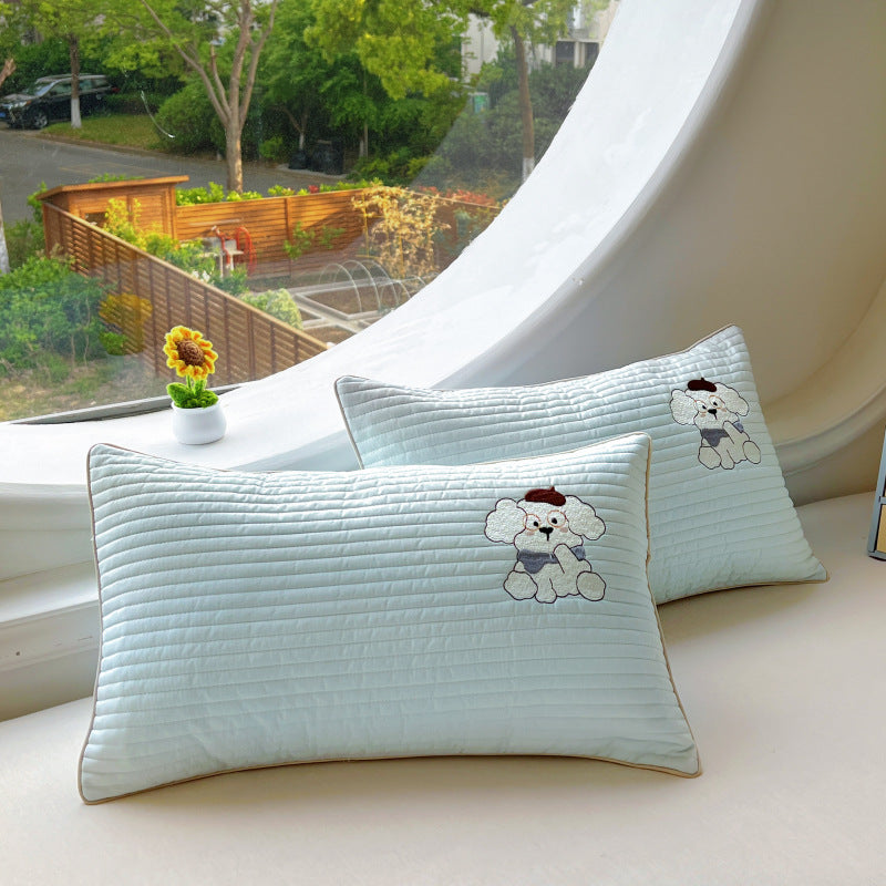 Quilted Cushion Cover Set with Embroidered Dog Design and Velvety Handle