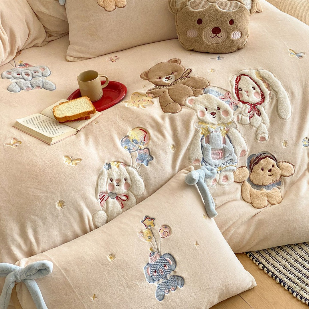 Plush Embroidered Appliqué Duvet Cover Set with Bow-Tie Shams