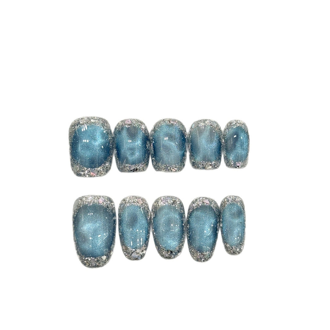 Glittery Press-On Nail Art Set with Silver Accents