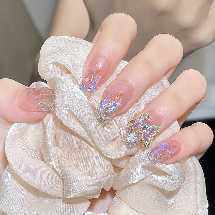 Acrylic Nail Set with Glitter and 3D Butterfly Decorations Stornfield