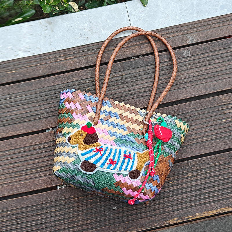 Handcrafted basket bag with colorful animal design Stornfield