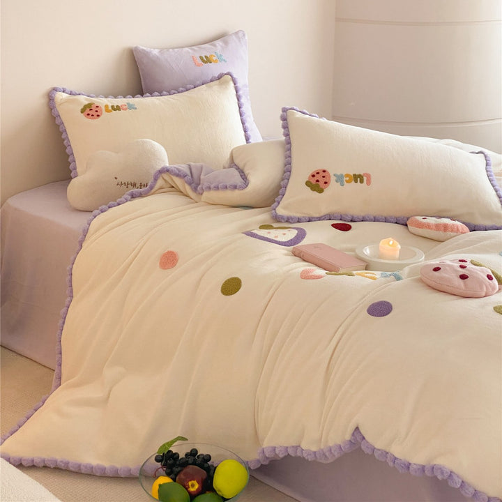 Cozy Plush Chenille Strawberry Appliqué Duvet Cover Set with Lavender Pom-Pom Trim